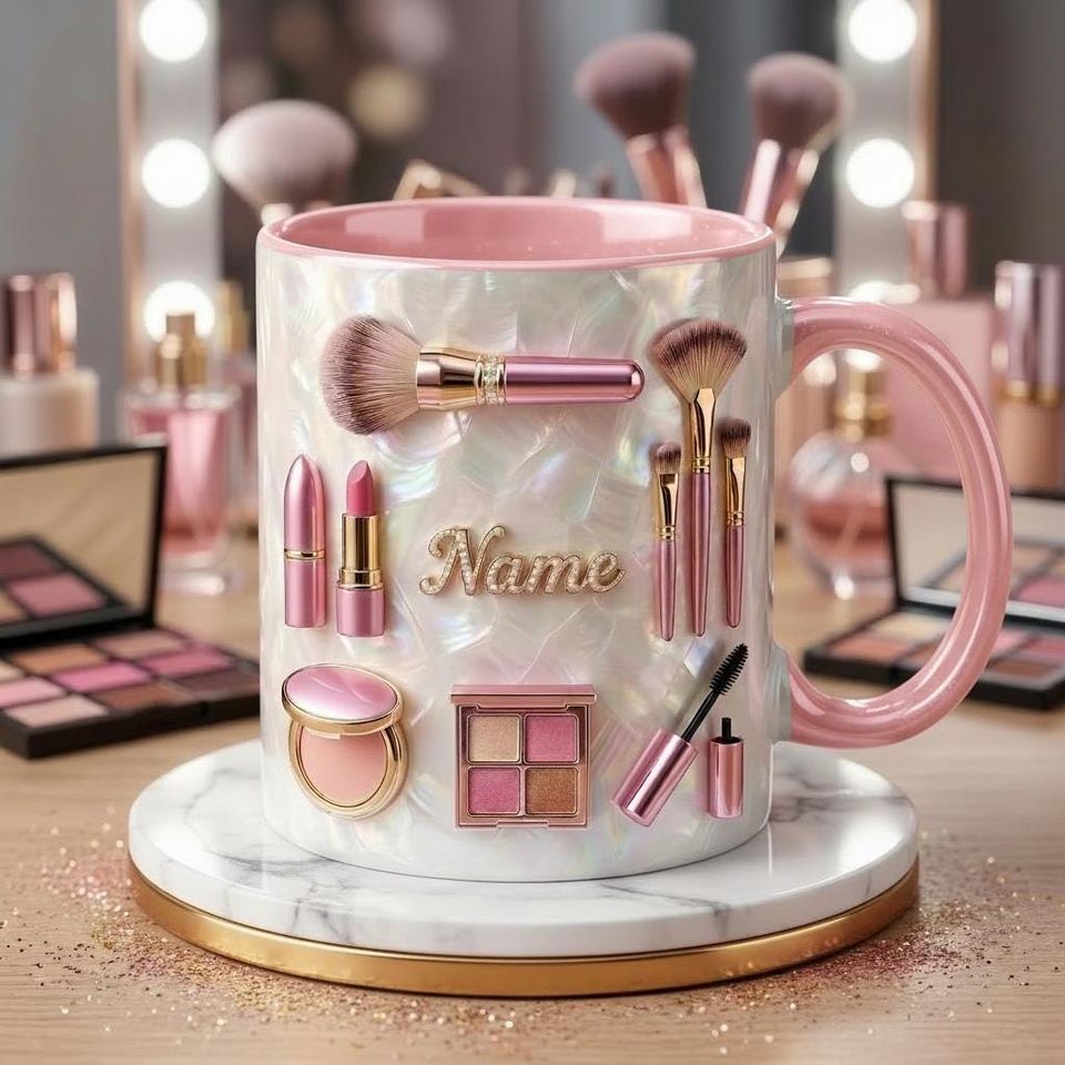 Make Up 3D Embossed Accent Mugs, Cosmetic Lover Mug, Custom Name Coffee Cup