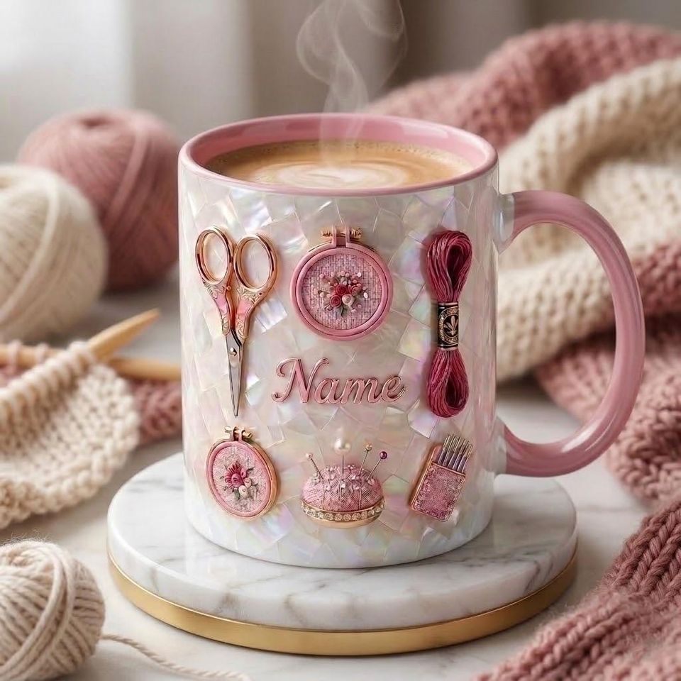 Knitting Mug 3D, Yarn Lover Coffee Cup, Faux 3D Effect Mug, Custom Name Knitter Gift