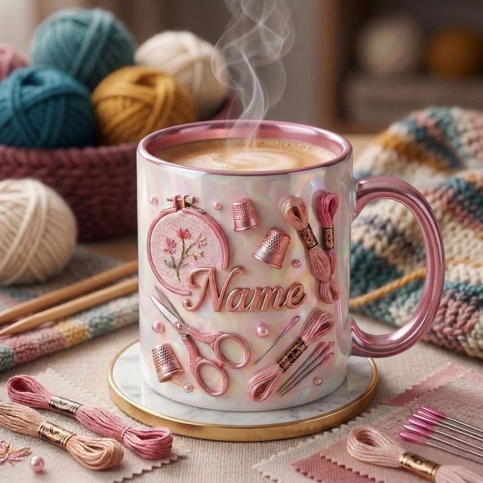 Knitting 3D Embossed Accent Mugs, Personalized Knitting Coffee Cup, Faux 3D Effect Mug