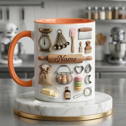 Baking Accent Mug, Faux 3D Effect Mug, Custom Name Baking Coffee Cup, Baker Gift Idea