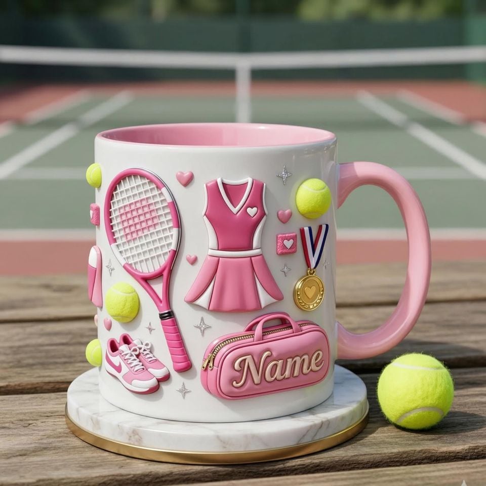 Tennis Mug 3D, Faux 3D Mug, Cute Tennis Coffee Mug, Custom Name Tennis Lover Gift