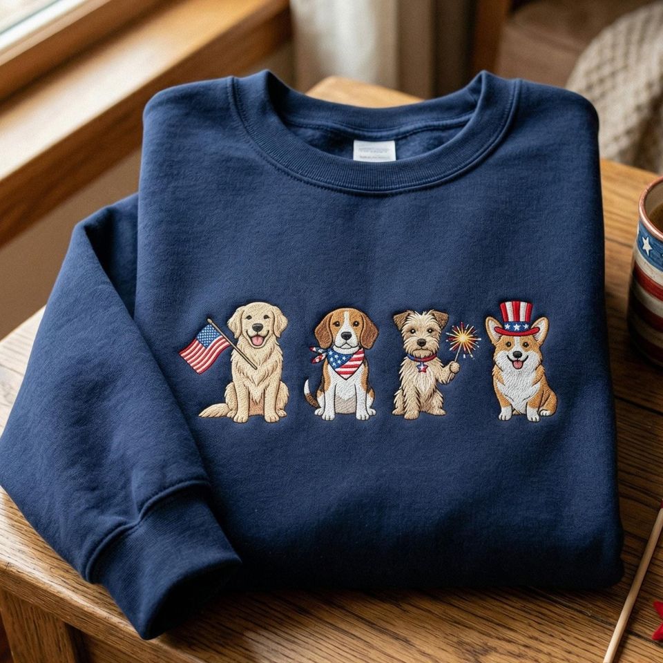 Embroidered Dachshund USA Sweatshirt, Patriotic Wiener Dog Apparel, Independence Day Gift