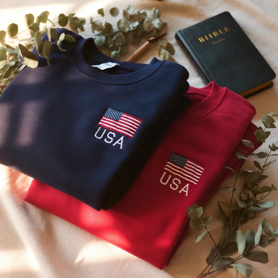 Embroidered USA Flag Sweatshirt, Patriotic 4th of July Apparel