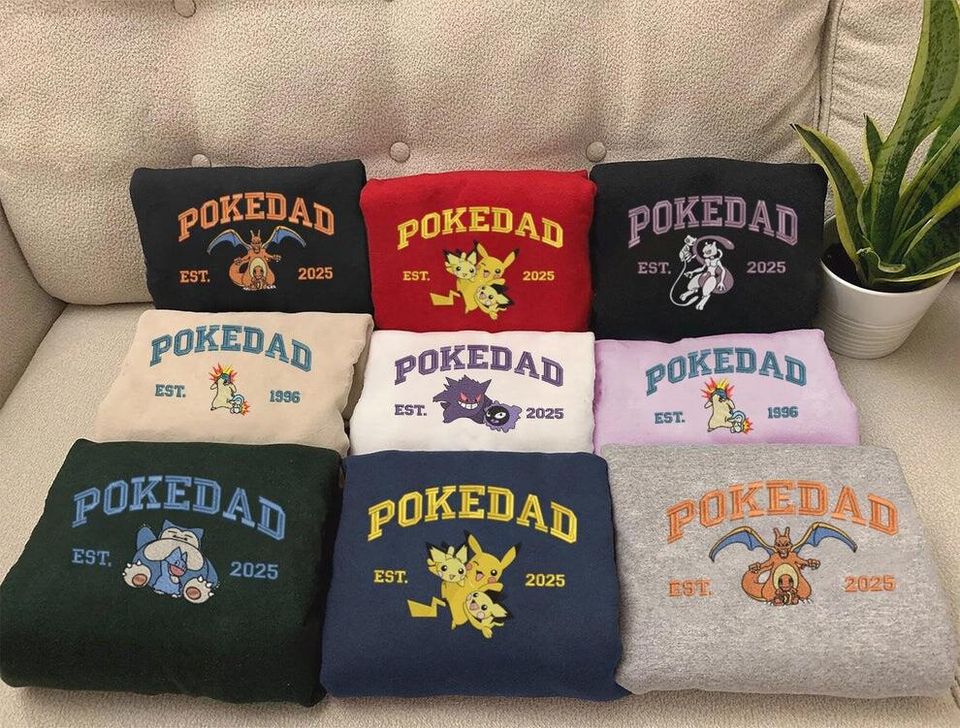 Embroidered PokeDad Sweatshirt with Personalized PKM Characters, Pocket Beast Hoodie
