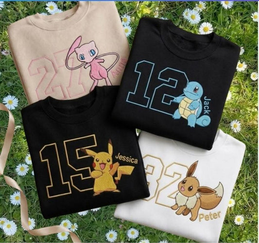 Personalized PKM Birthday Embroidered Sweatshirt, Family Matching, Custom Name and Age