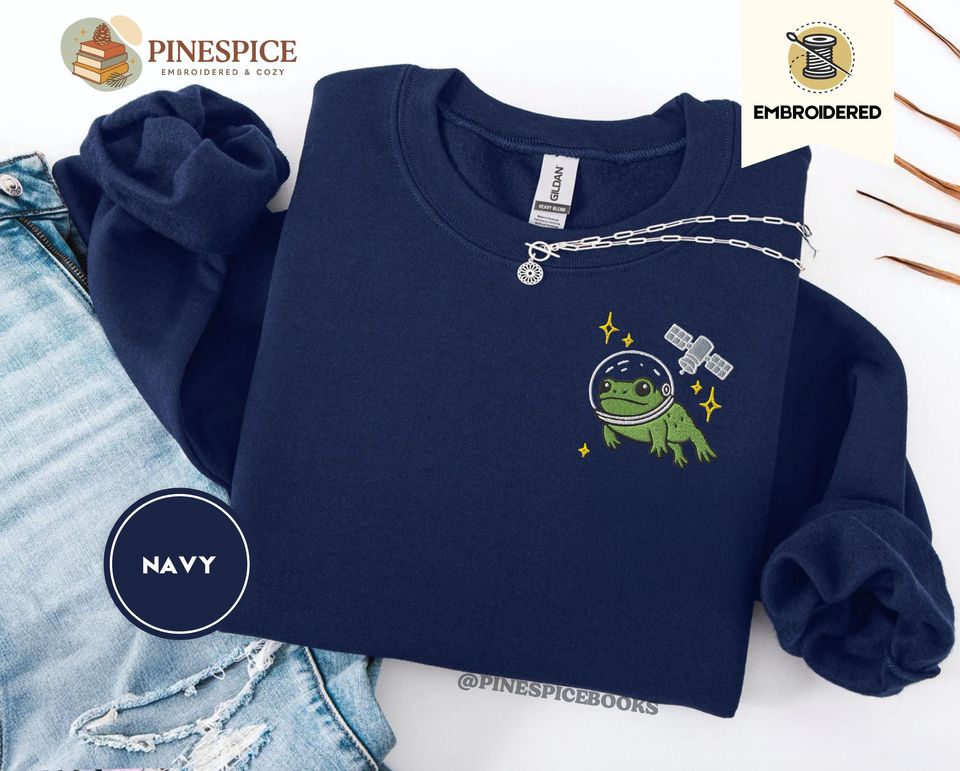 Space Frog Sweatshirt, Cute Satellite Embroidered Gift