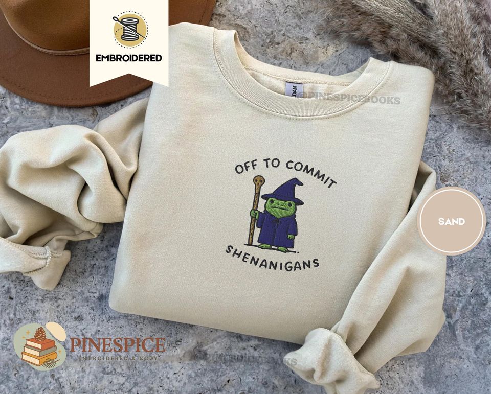 Off to Commit Shenanigans Embroidered Sweatshirt, Wizard Frog D&D, Funny Fantasy Crewneck