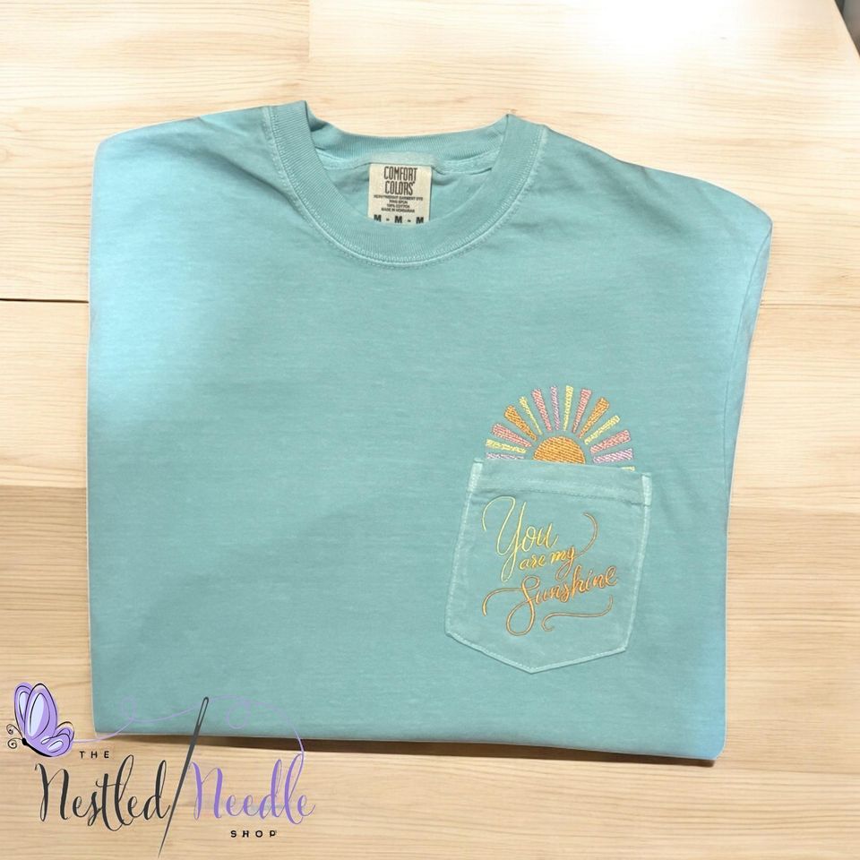 Women's Embroidered Pocket Tee - You are my Sunshine