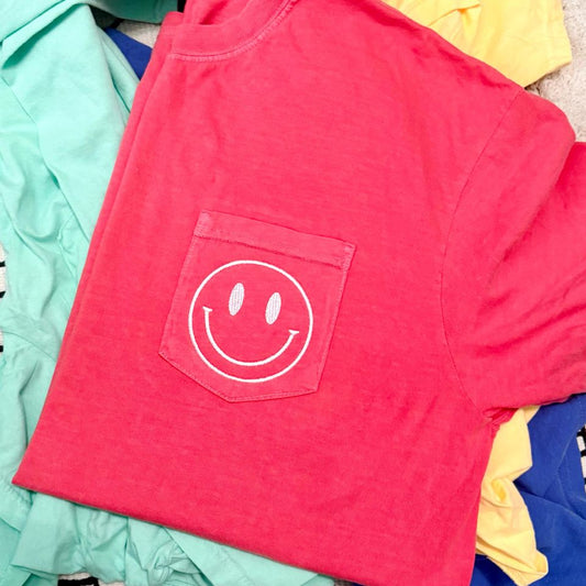 Retro Happy Face Embroidered Pocket Tee