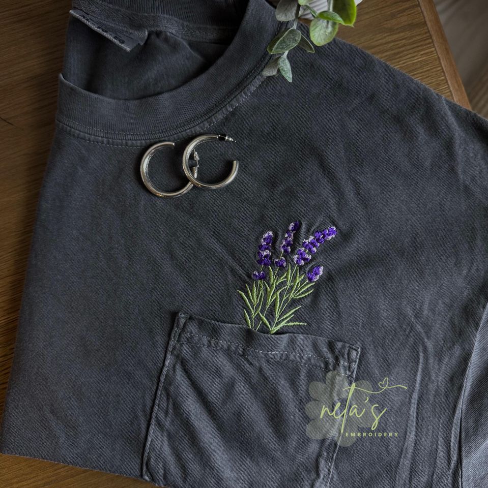 Lavender Embroidered Pocket T-Shirt with Floral Design