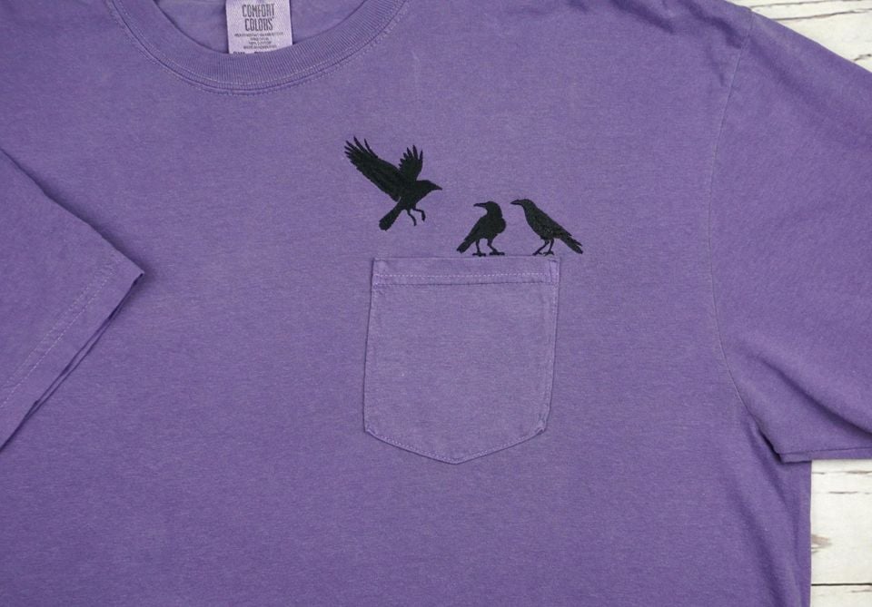 Embroidered Crow Pocket Tee, Raven, Garment-Dyed T-Shirt, Unisex