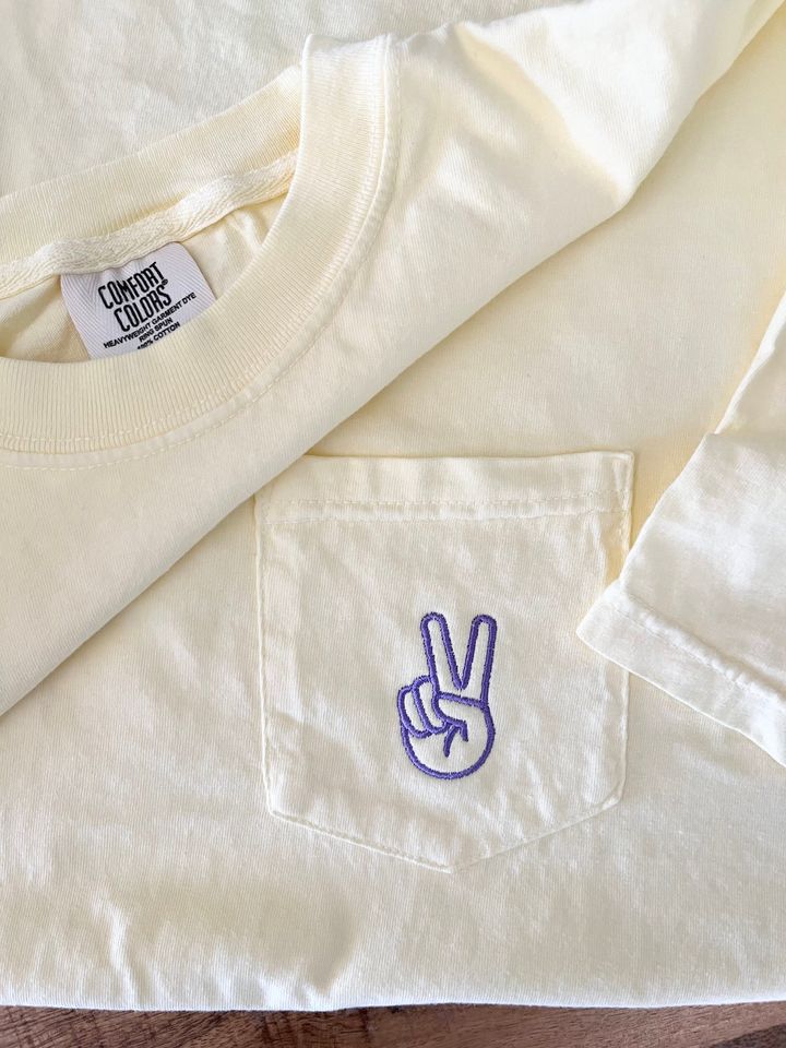 Embroidered Peace Sign Pocket T-Shirt - Ring-Spun