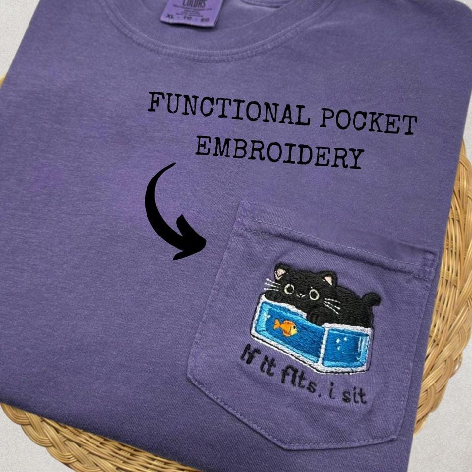 Embroidered Cat Pocket T-shirt Funny Cat Lover Gift Fish Tank Pocket Tee