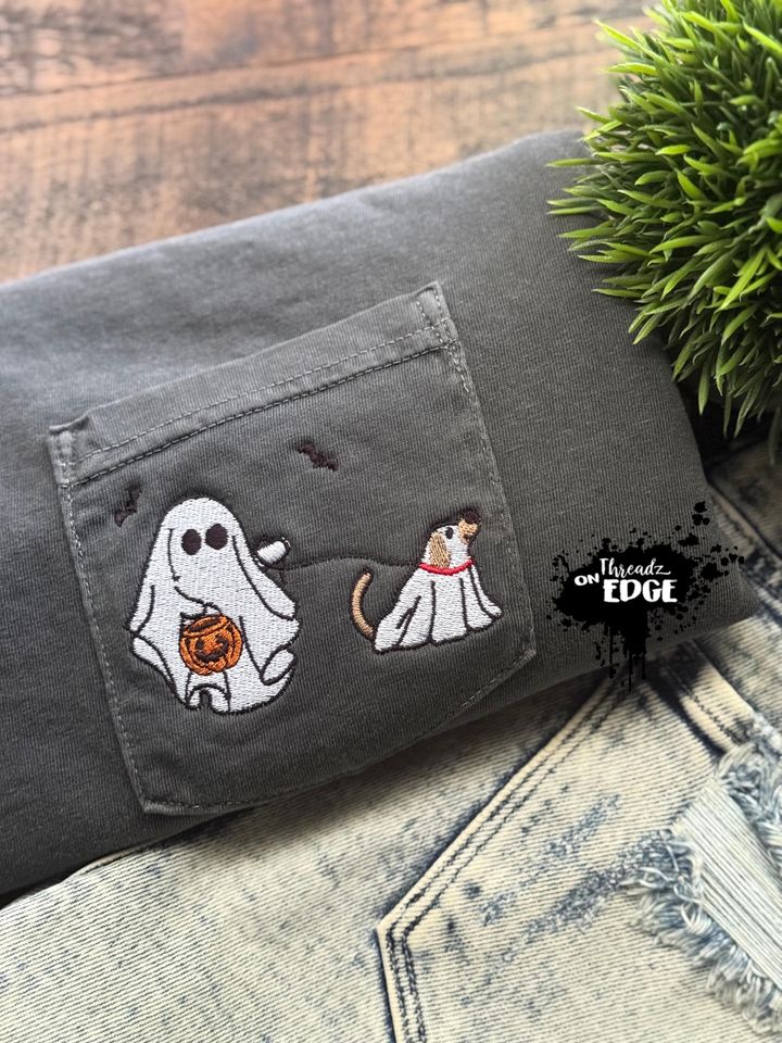 Ghost with Dog Embroidered Pocket T-Shirt