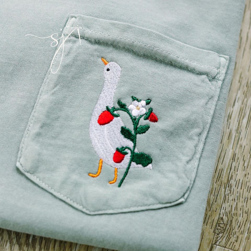 Strawberry Duck Embroidered Pocket Tee, Long Sleeve, White