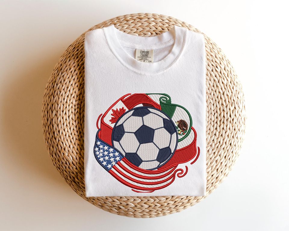 Embroidered Soccer Ball T-Shirt with USA, Canada & Mexico Flags