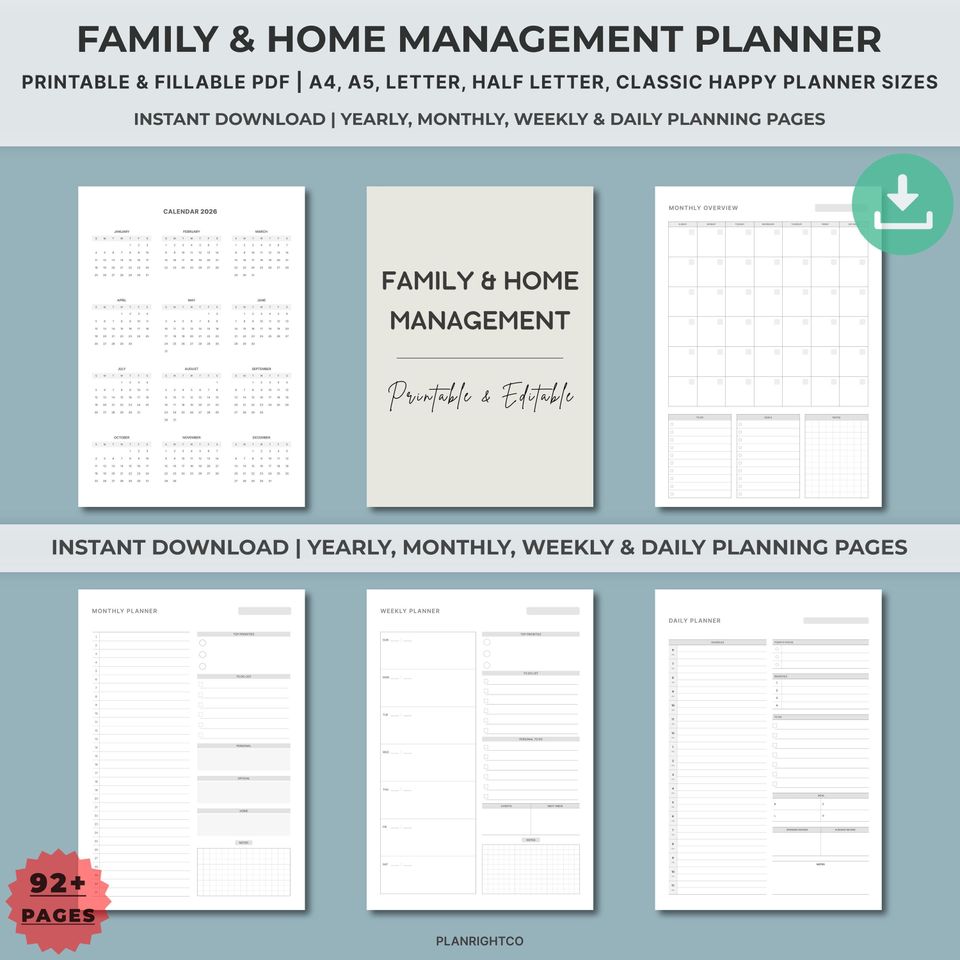 Home Management Binder Printable | Family Organizer Household Planner | Cleaning Schedule Chore Charts | Weekly Budget Busy Mom Productivity