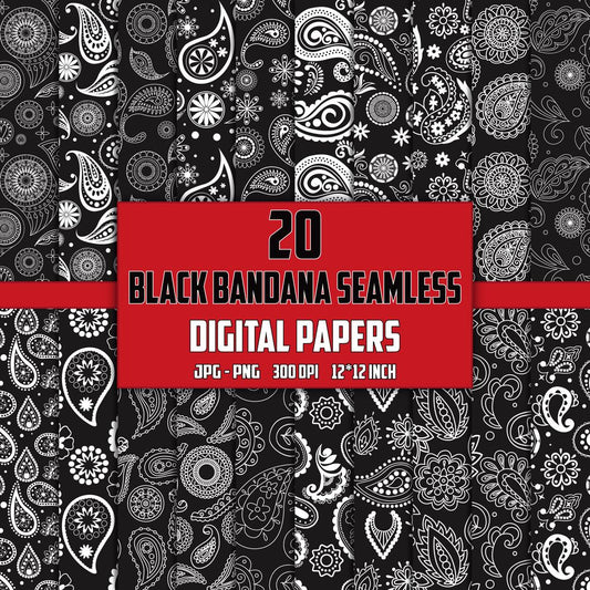 Black Bandana Paisley Seamless Pattern: 20 JPG/PNG Digital Papers