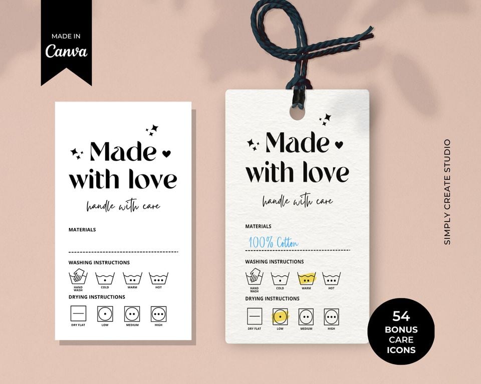 Editable Care Tags Label, Printable Clothing Care Card, Canva Template, Tshirt Packaging Insert