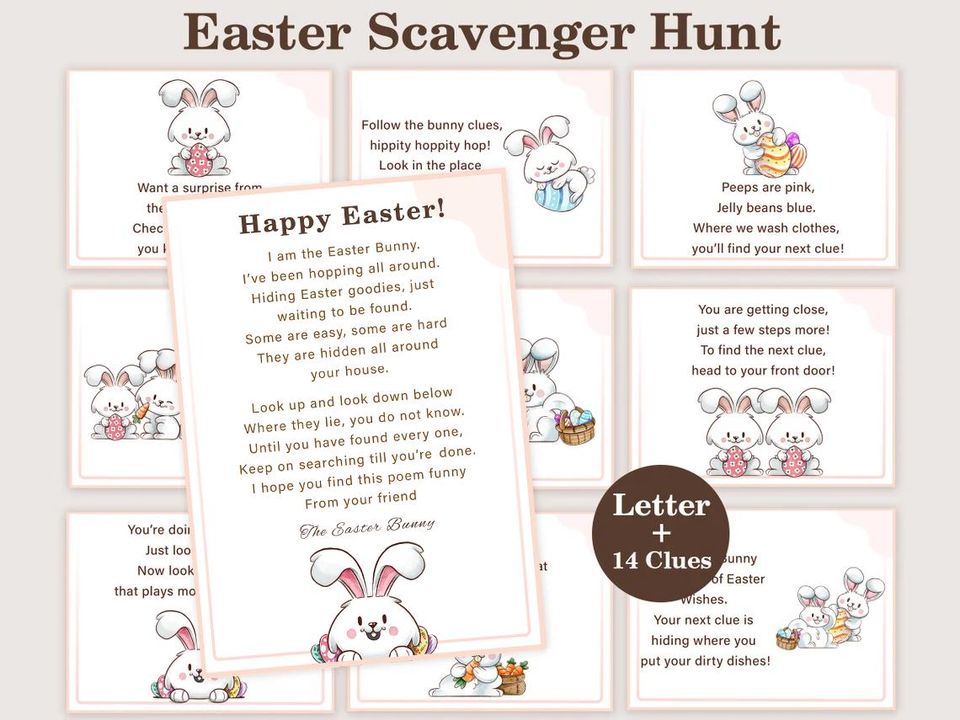 Easter Scavenger Hunt for Kids Easter Hunt Clues Easter Egg Treasure Hunt Indoor Activity Easter Bunny Basket Riddles Gift PRINTABLE Instant