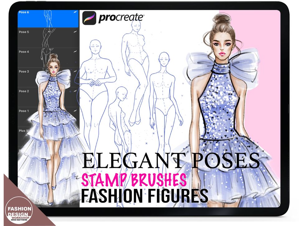 Procreate Fashion Figure Brushes + PDF: Elegant Poses, Evening Dresses. Plus Size & Skinny Models