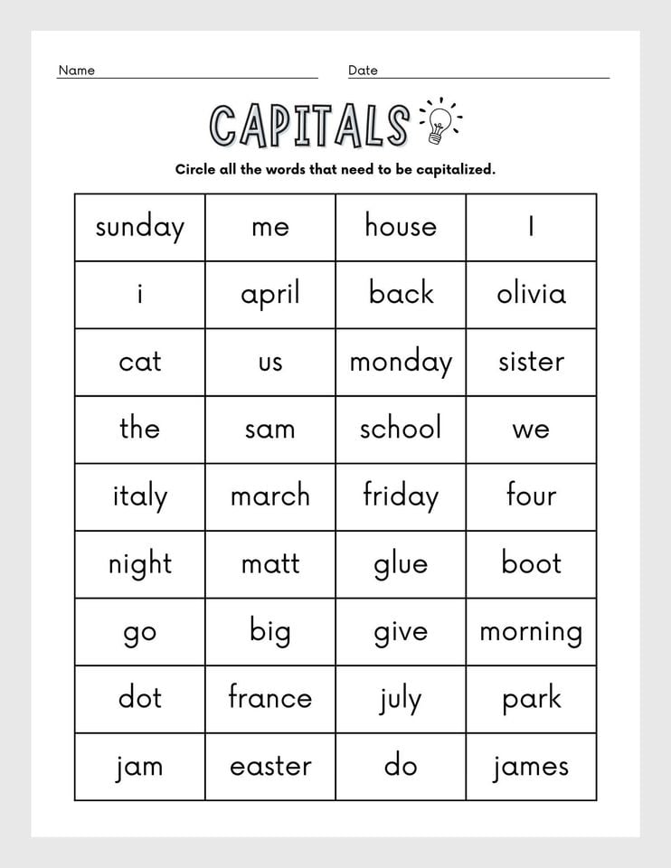 Capitalization Worksheets | Printable Capital Letter Activity | English Grammar Capital Letter Lesson Capitalization Activity Grammar Lesson