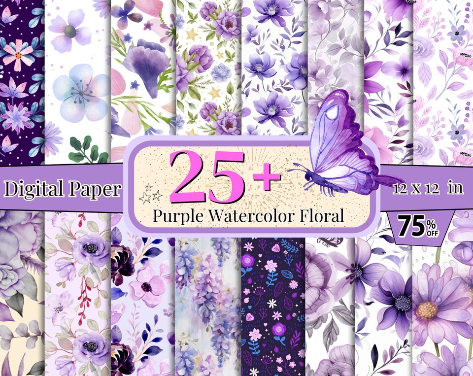 25+ Purple Watercolor Floral Digital Paper Pack, Floral Background, Purple Floral Seamless Paper, Flower Background Paper, Purple Clipart