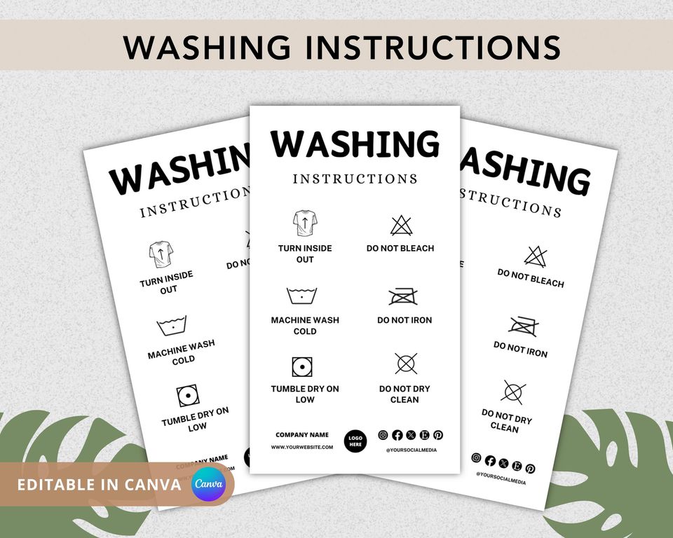 Printable Washing Instructions Card, Clothing Care Card, Shirt Packaging Insert, Small Business Supplies, Ready To Print, Editable