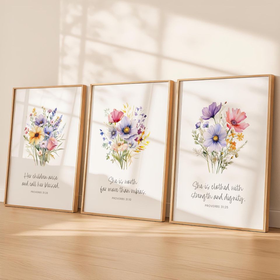 Proverbs 31 Wall Art Set of 3, Christian Mother Gift Printable, Bible Verse Floral Prints, Scripture Wall Art, Christian Home Decor