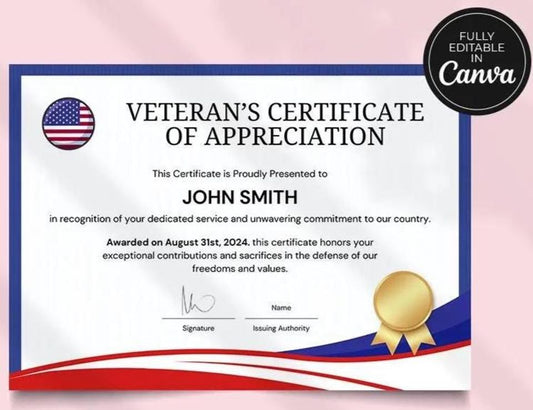 American Flag Appreciation Certificate, Veterans Award, Printable Canva Template