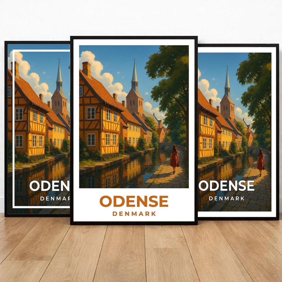 Vintage Odense Denmark Poster, Scandinavian Travel Poster, Scandinavian Wall Decor, Nordic City Illustration, Traveler's Gift