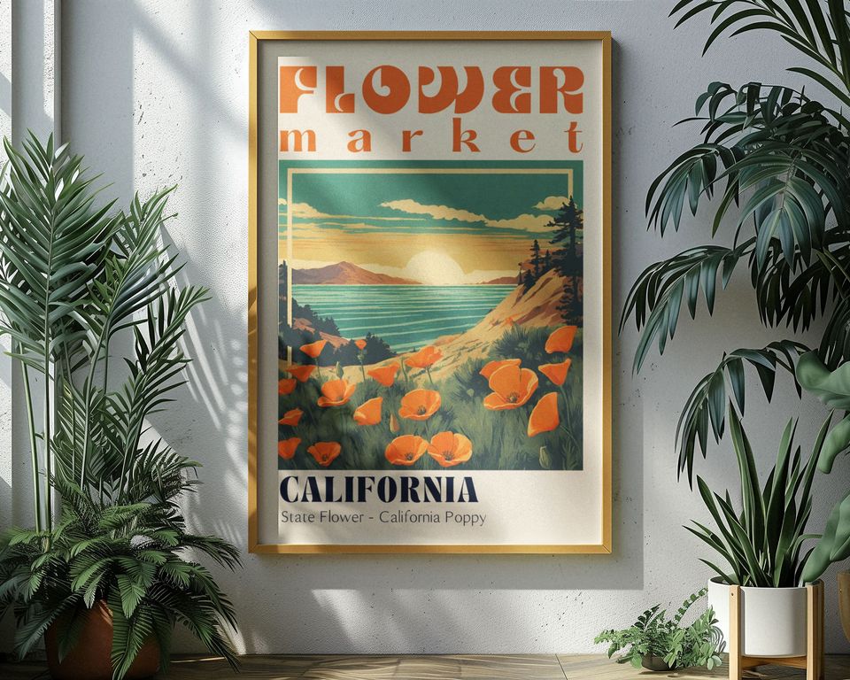 California Flower Market Poster California Poppy Coastal Sunset Vintage Travel Wall Art