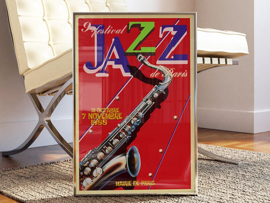 1988 Paris Jazz Festival Poster, Vintage Saxophone Art Print, Retro Music Event Wall Decor