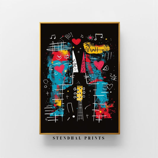 Musical Heart and Notes | "Love Notes" Abstract Art | Colorful Music Themed Wall Art | Guitar and Melodies | Romantic Digital Print Decor