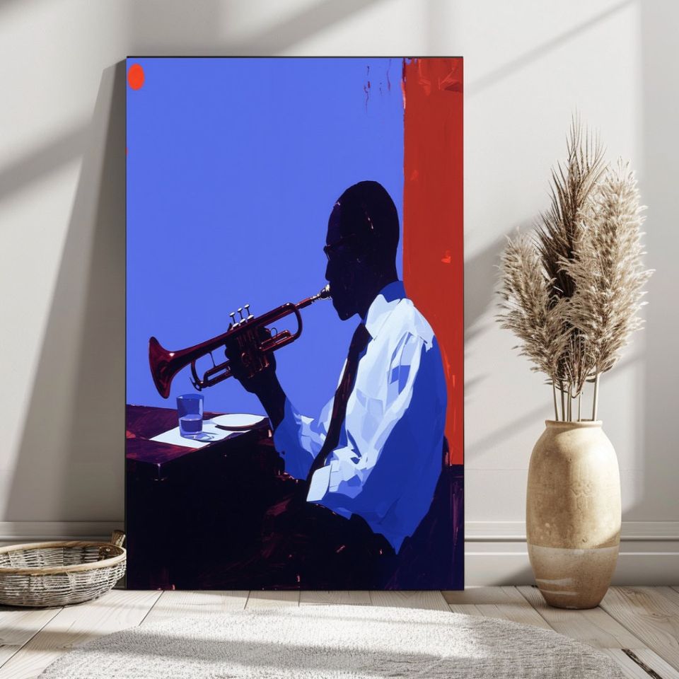 Abstract Trumpet Player Wall Art - Musician in a Blue and Red Setting - Elegant and Vibrant Design