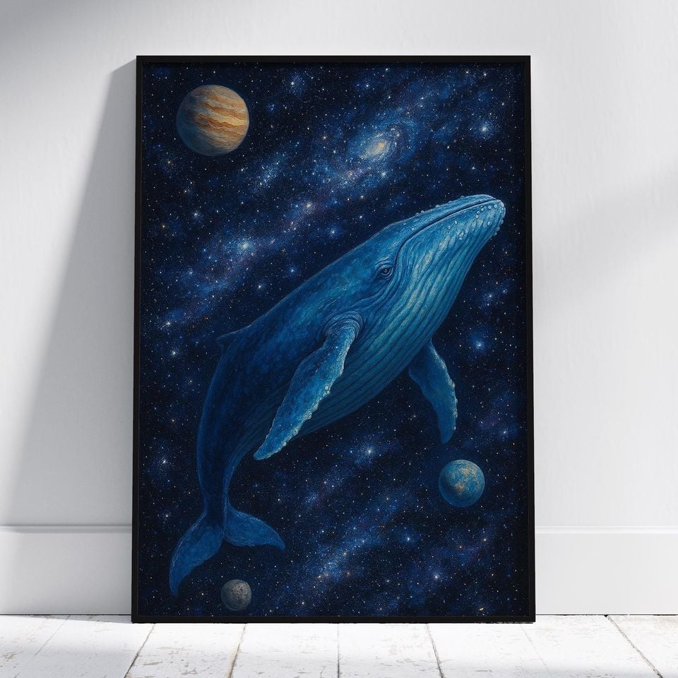 Space Whale Wall Art, Cosmic Ocean Illustration, Celestial Whale Galaxy Print, Surreal Starry Decor