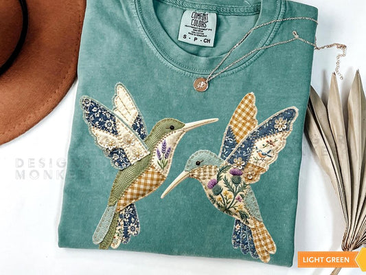 Hummingbirds Shirt, Vintage Patchwork Bird Tee, Cottagecore Floral Top, Botanical Nature Shirt, Boho Retro Shirt, Women's Birdwatcher Gift