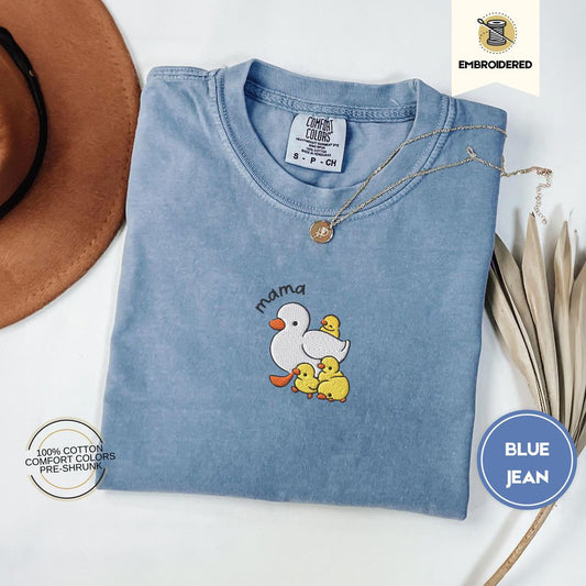 Mama Duck and Ducklings Embroidered Comfort Colors Tee, Cute Cottagecore Duck Shirt, Wholesome Nature Lover Gift, Cozy Spring Animal Tee