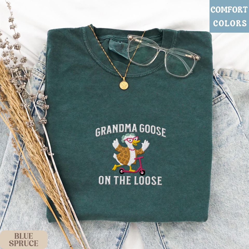 Silly Goose Grandma Shirt, Embroidered Comfort Colors Tee, Cool Grandma Gift, Funny Nana Shirt, Goose on a Scooter, Retro Embroidered Shirt