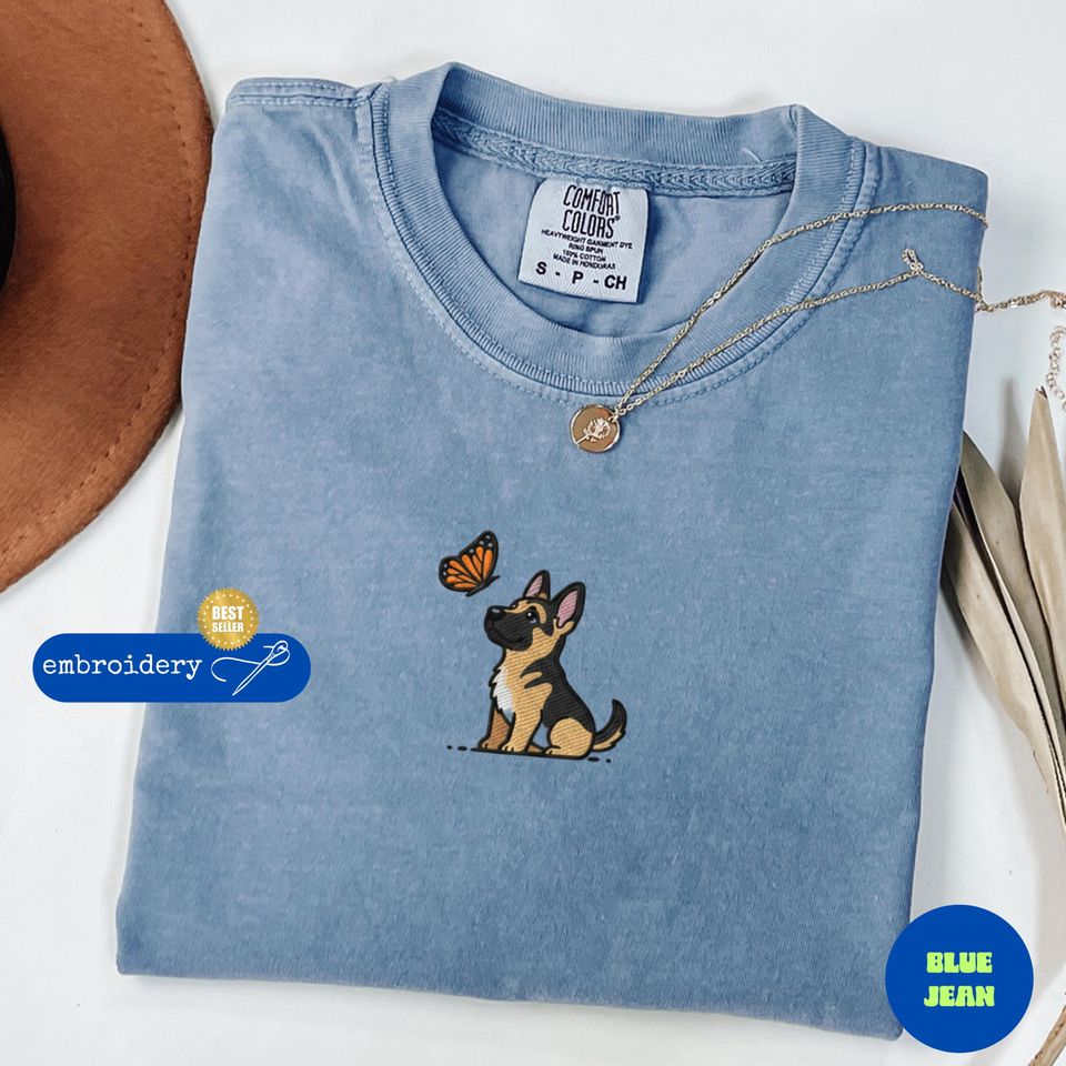 Embroidered Dog Tee, German Shepherd and Butterfly Shirt, Lovers Dog shirt, Embroidery Dog Sweatshirt, Gifts for Dog Owners, Custom Dog Tee