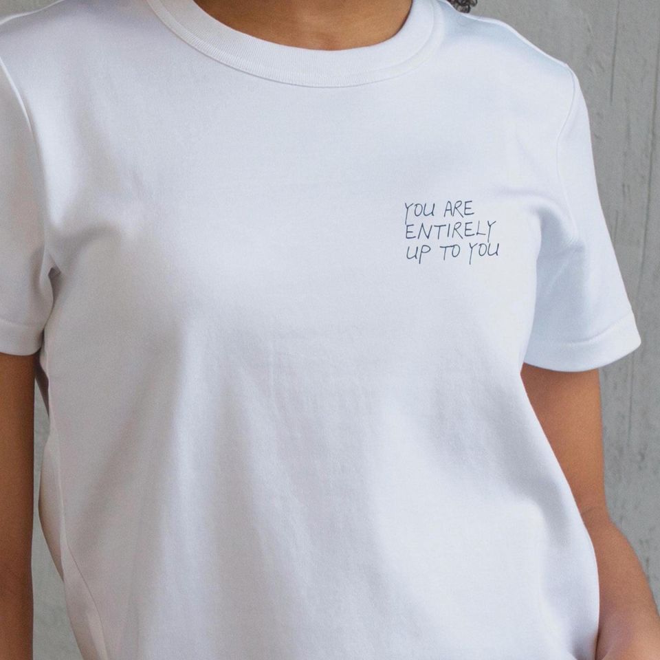 Embroidered Handwritten Affirmation T-Shirt | "You Are Entirely Up To You" | 100% Cotton, White Tee | Manifest A Positive Life
