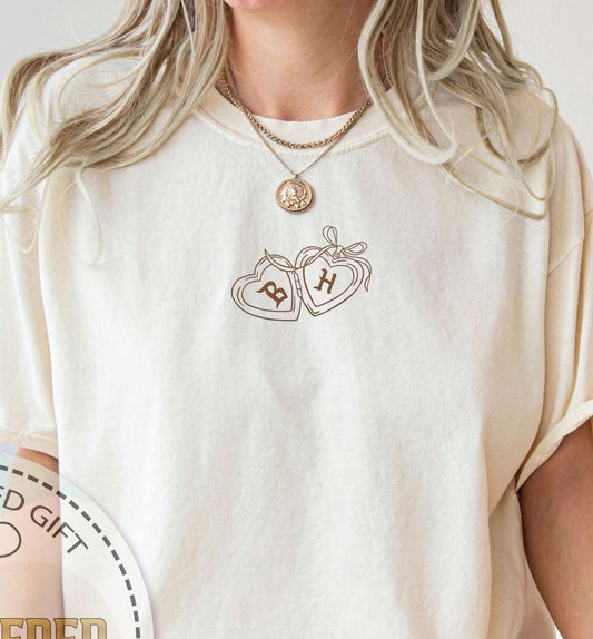 Embroidery Custom Heart Locket Shirt, Comfort Color, Embroidered Initials Tee, Bachelorette Party Gift, Embroidery Bach Tee, Bride Groom Tee