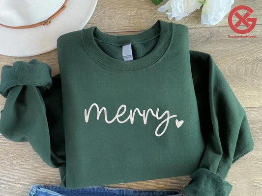 Embroidered Merry Heart Sweatshirt, Cute Christmas 2026 Holiday Sweatshirt , Merry and Bright Sweater, Christmas Party Gift, Winter Shirt