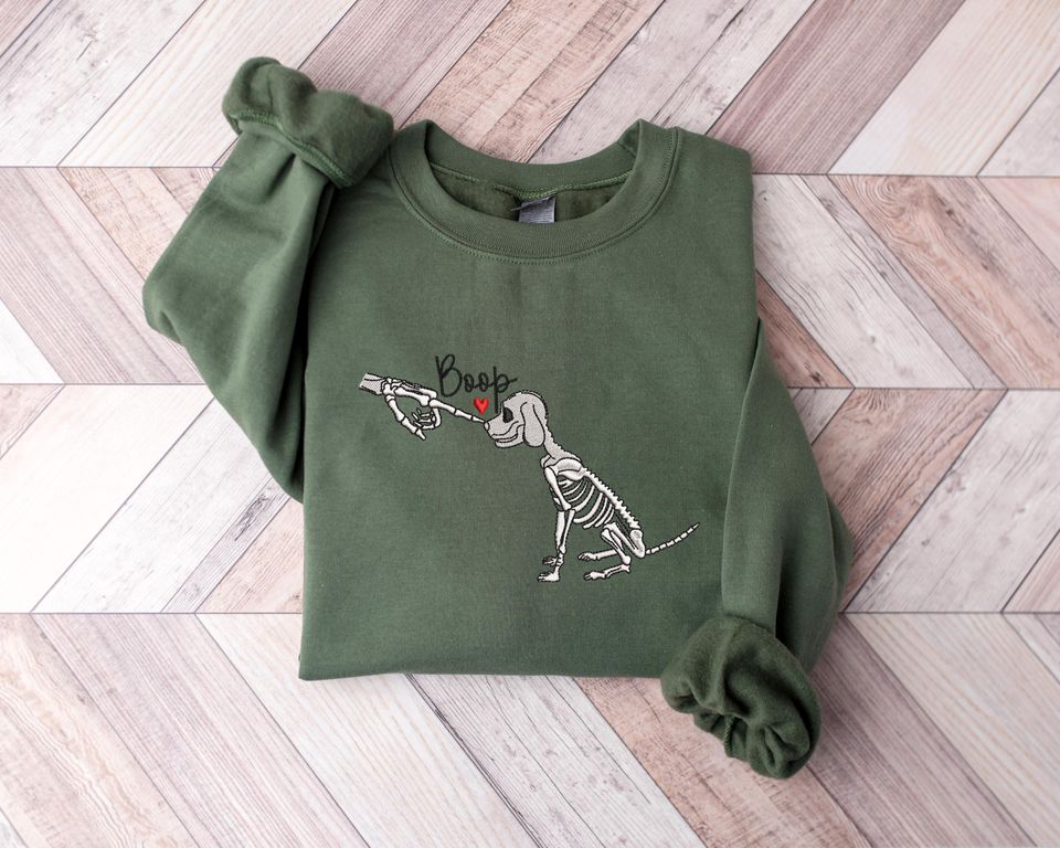 Embroidered Dog Boop Sweatshirt, Halloween Dog Shirt, Skeleton Dog Shirt for Women, Halloween Shirt, Embroidered Dog Shirt, Dog Mom Shirt