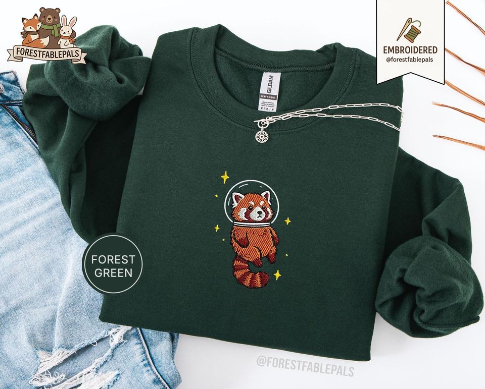 Space Red Panda Sweatshirt, Embroidered Panda Sweater, Cute Cosmic Animal Sweatshirt, Red Panda Lover Gift, Cute Animal Sweatshirt