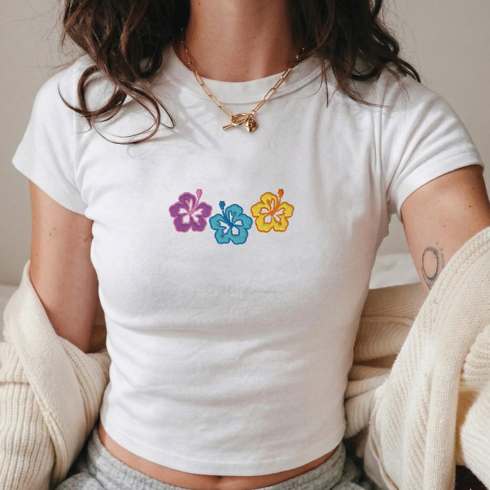 Embroidered Hibiscus Baby Tee, Hawaii Women Crop Top, Tropical Floral Summer