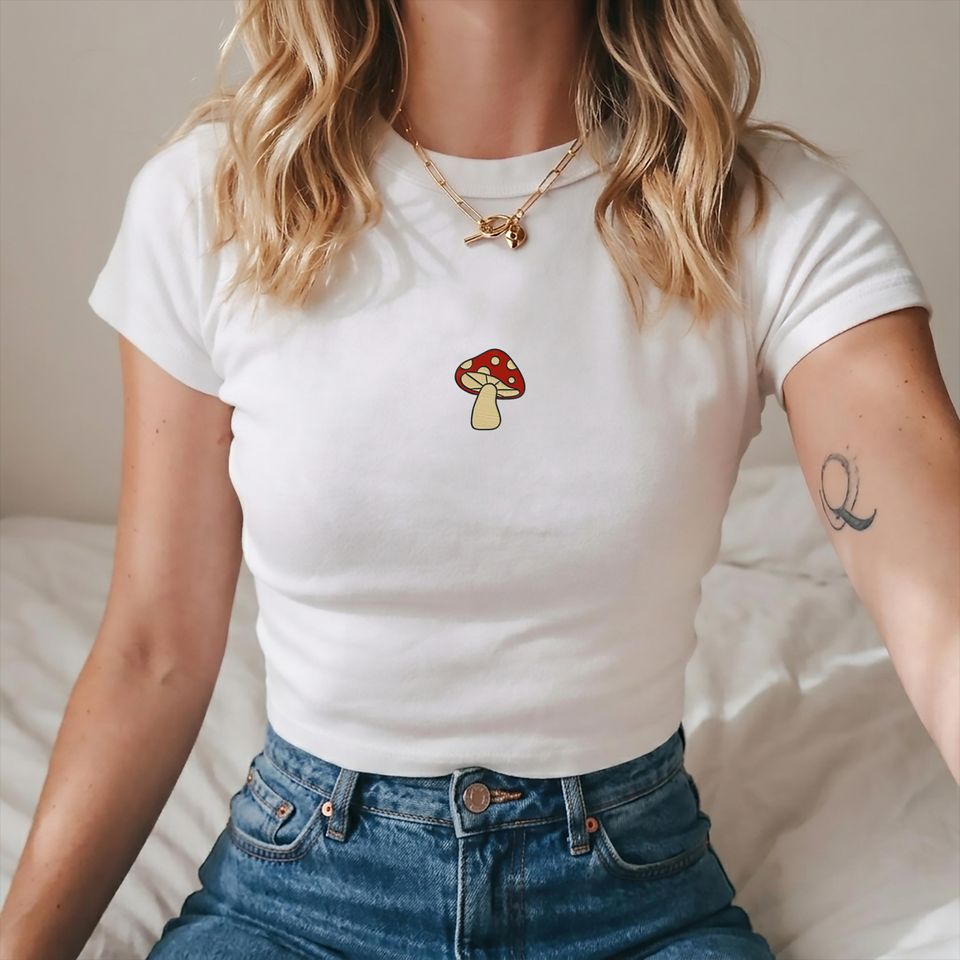 Embroidered Mushroom Baby Tee, Fungi Summer