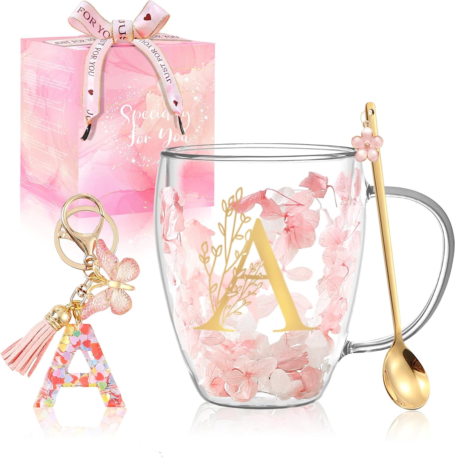 Personalized Gifts for Women Cute Monogrammed Double Wall Glass Coffee Mug Tea Cup with Spoon Customized Birthday Valentine Mother's Day Christmas Gift for Mom Wife Friends Sister Coworker(Letter A)