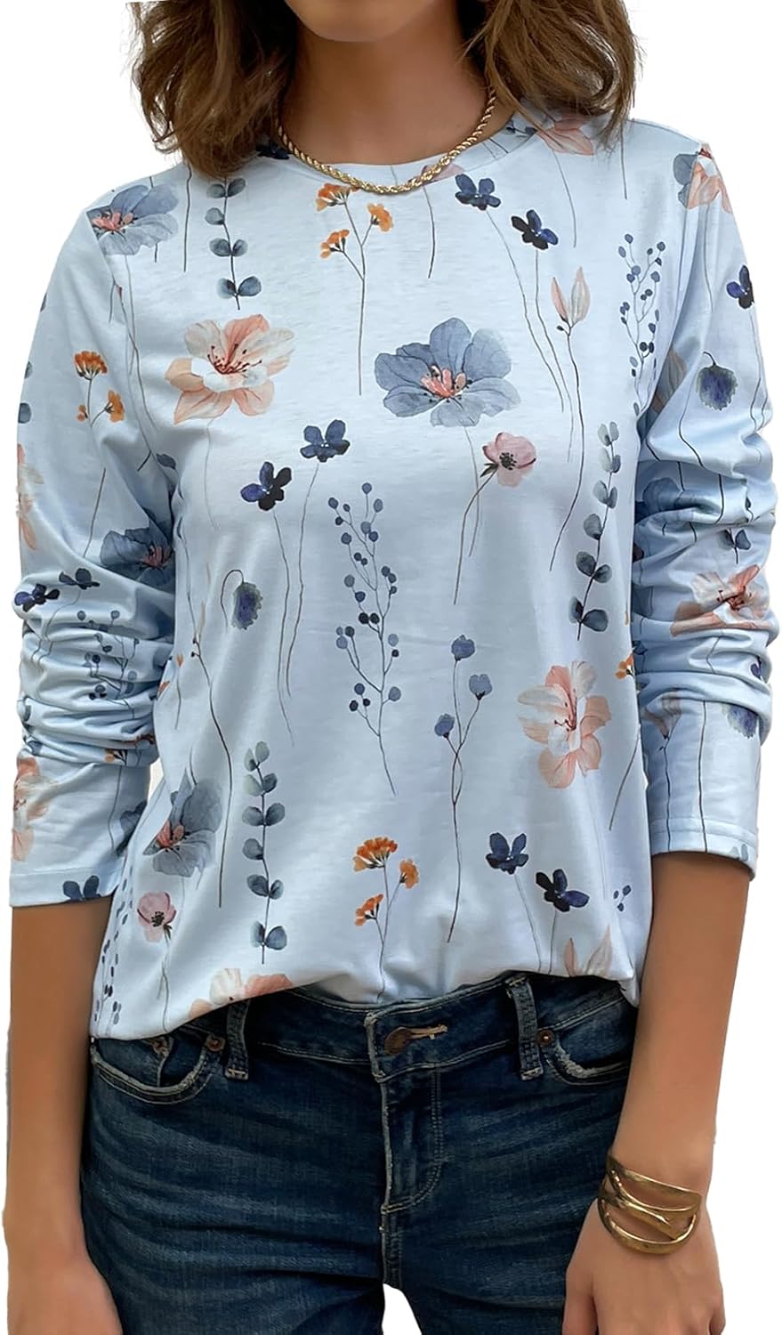 Womens Long Sleeve Tops Casual Shirts for Women Summer Flower Printed T Shirt Crewneck Floral Tee