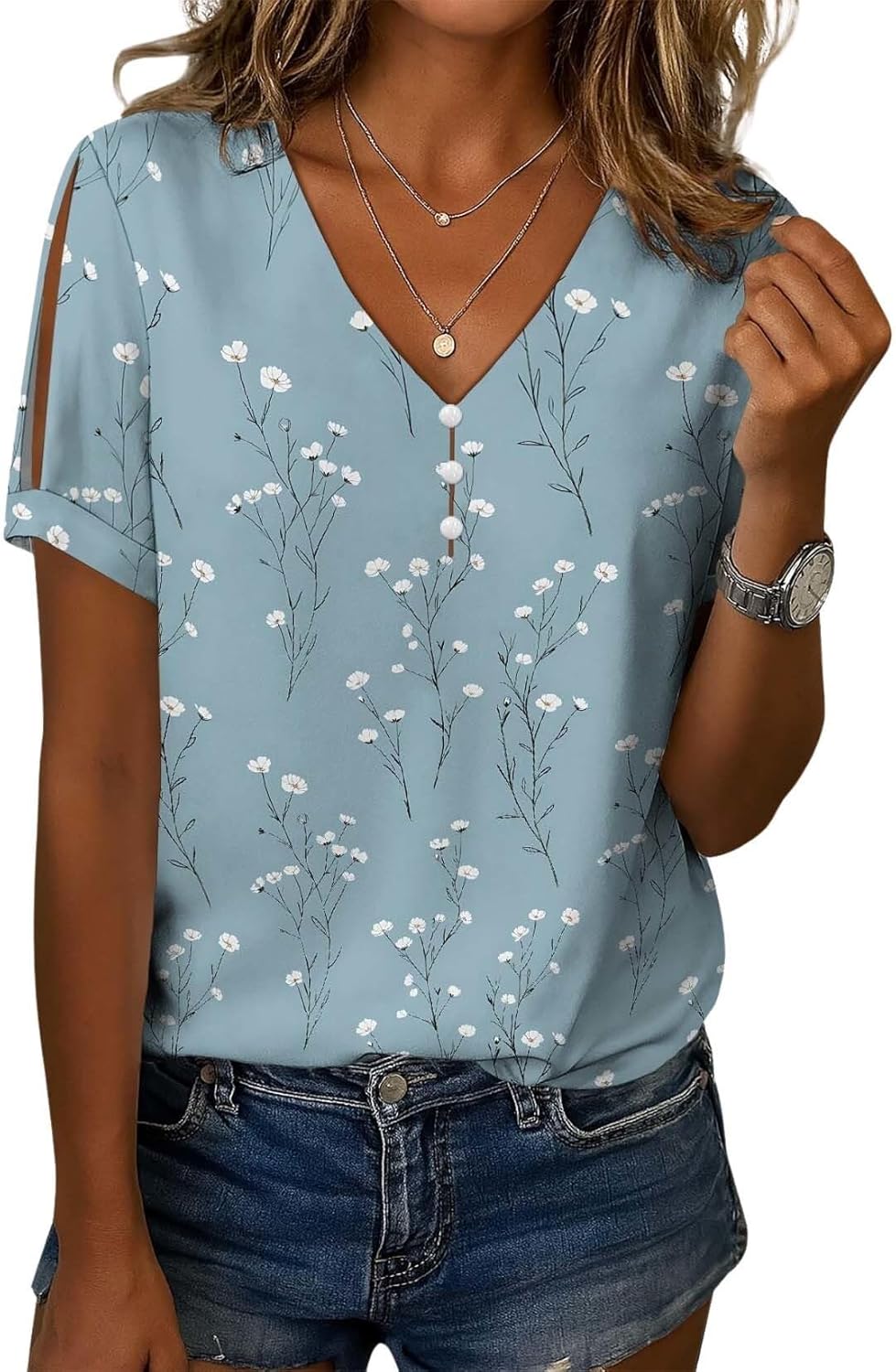 Women's Boho Floral Print Ladies Short Sleeve Tops Summer Blouses Dressy Casual V Neck Cold Shoulder Tunic Tops